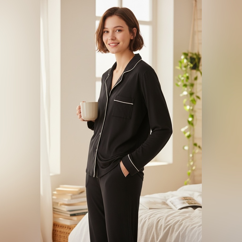 Nordstrom Rack Women’s Pajama Top XS Black Long Sleeve Button Front NWT